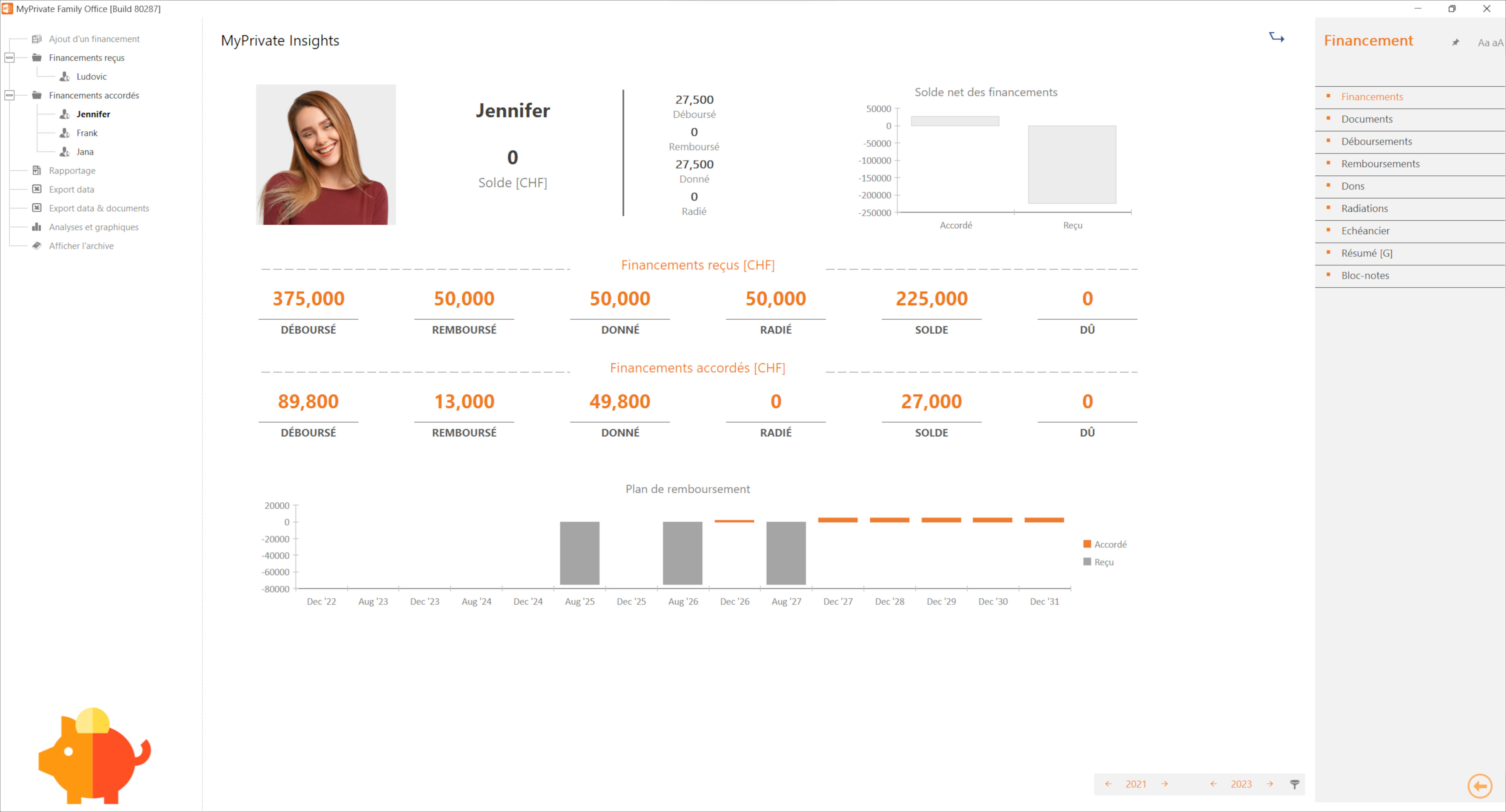 Vue analytique pour un seul enfant montrant les décaissements, remboursements, dons et radiations