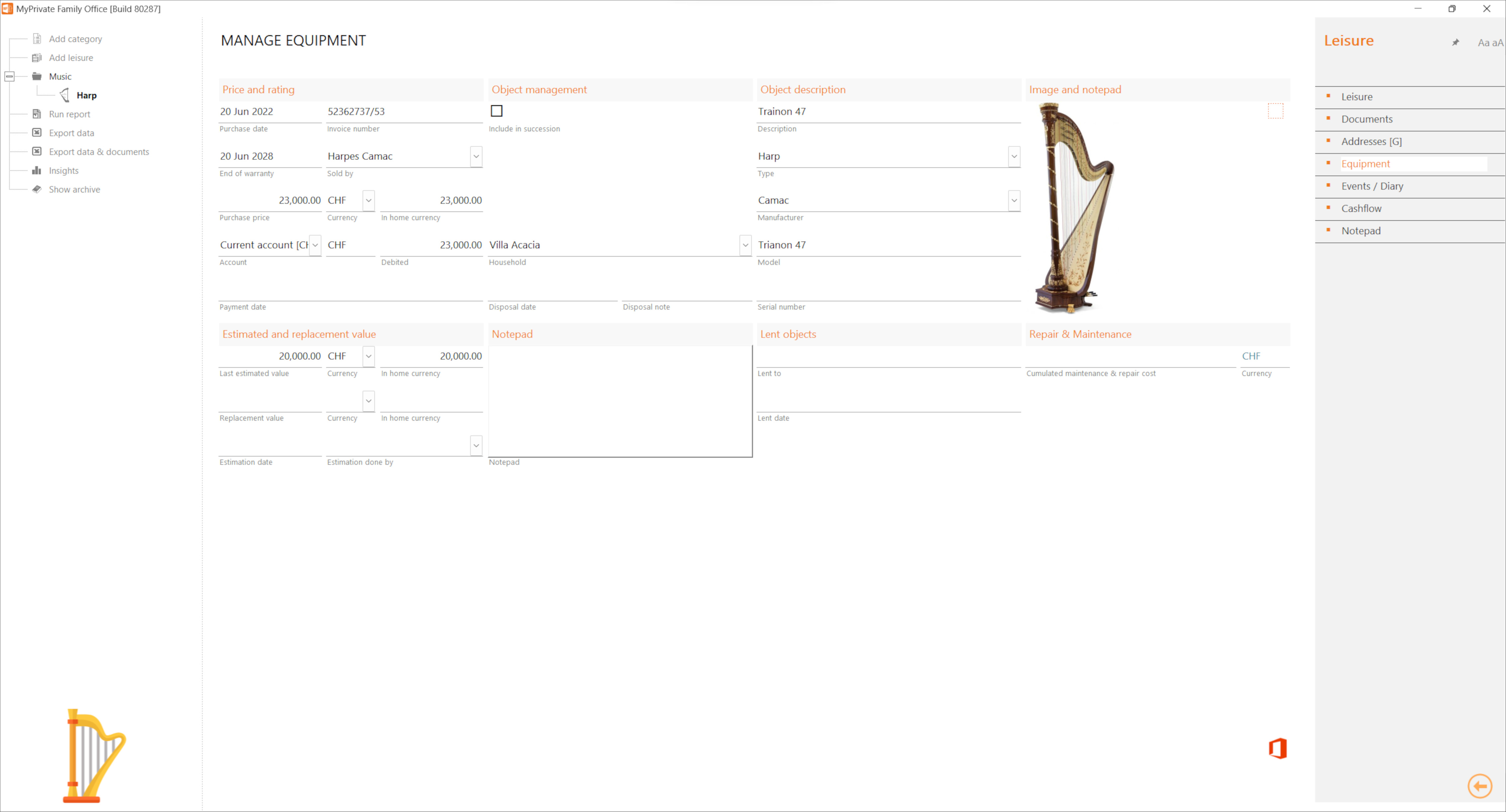 Sample expensive piece of music instrument with maintenance cost